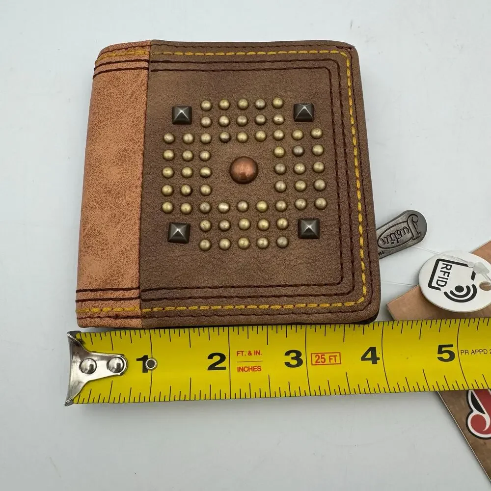 Justin RFID Western Bi-Fold Wallet Brown Studded Leather NWT